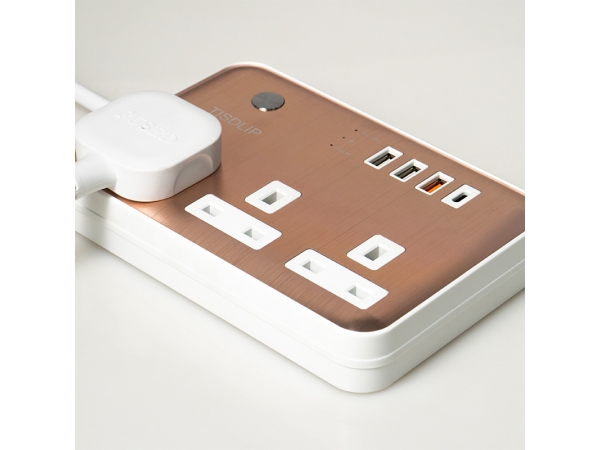 UK power strip with 3-way & 4 USB ports