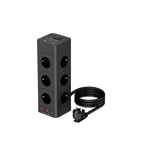 欧标插头 8位插孔（2A+2C USB接口）带防雷防浪涌保护 垂直立式排插/接线板