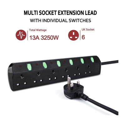 UK Extension Lead 4 Way 13Amp Power Strip Black 